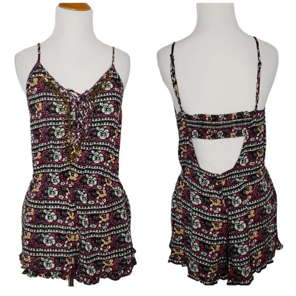 American Eagle Romper Beaded Purple Floral Viscose Cut Out Back Medium - Picture 1 of 9
